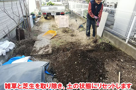 雑草と芝生を取り除き、土の状態にリセットします／神奈川県藤沢市Ｈ様事例　プロに相談して庭をやり直し・やり替え　大人シックなエレガントでおしゃれなコンクリートの庭に