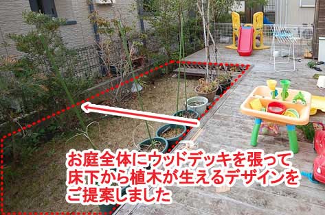 お庭全体にウッドデッキを張って床下から植木が生えるデザインをご提案しました～神奈川県藤沢市Ｔ様事例　芝生の庭を後悔、芝生をやめたい。生の庭が雑草だらけで後悔！ウッドデッキでアウトドアリビング庭工事リフォーム