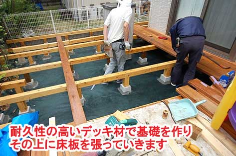 耐久性の高いデッキ材で基礎を作りその上に床板を張っていきます～神奈川県藤沢市Ｔ様事例　芝生の庭を後悔、芝生をやめたい。生の庭が雑草だらけで後悔！ウッドデッキでアウトドアリビング庭工事リフォーム