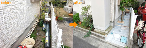 路地庭もこの通り～神奈川県藤沢市Ｔ様事例　芝生の庭を後悔、芝生をやめたい。生の庭が雑草だらけで後悔！ウッドデッキでアウトドアリビング庭工事リフォーム