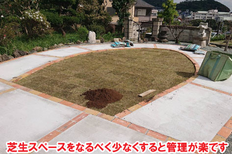芝生スペースをなるべく少なくすると管理が楽です　広い庭・広すぎる庭の実家リフォーム・実家の庭リフォーム～コンクリートと芝生の雑草対策造園で管理が楽なお庭　神奈川県横須賀市施工事例
