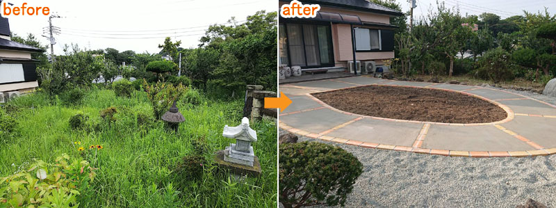 神奈川県 横須賀市Ａ様　芝生をコンクリートで囲む親孝行なオシャレデザイン施工事例～広いお庭・大きな庭をどうにかしたい、広過ぎる庭を持て余している方におすすめのおしゃれな雑草対策・庭リフォーム
