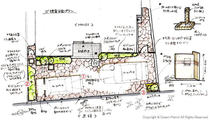 狭い駐車場を広くして、おしゃれなお庭兼駐車場に/ご提案プラン　神奈川県鎌倉市Ｙ様施工例～狭い駐車場を広く、石張りデザインでおしゃれで和モダンななお庭兼駐車場に