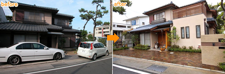 ビフォーアフター　神奈川県鎌倉市Ｙ様施工例～狭い駐車場を広く、石張りデザインでおしゃれで和モダンななお庭兼駐車場に