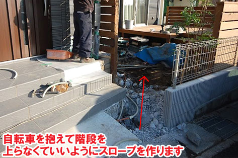 自転車を抱えて階段を上らなくていいようにスロープを作ります/神奈川県横浜市施工事例　砂利の庭を変えたい・やめたい～便利で快適 おしゃれ・スタイリッシュな庭につくりかえ