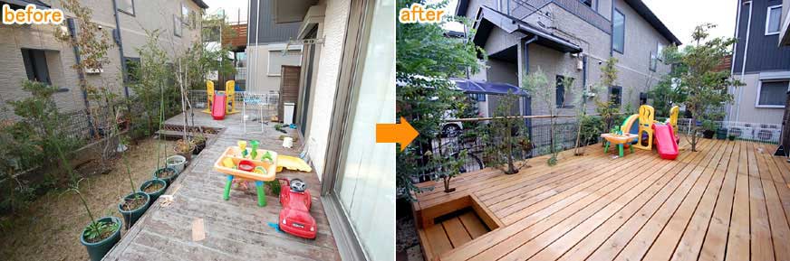 掃除も落ち葉をホウキで掃くだけで簡単～神奈川県藤沢市Ｔ様事例　芝生の庭を後悔、芝生をやめたい。生の庭が雑草だらけで後悔！ウッドデッキでアウトドアリビング庭工事リフォーム