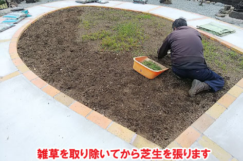 雑草を取り除いてから芝生を張ります　広い庭・広すぎる庭の実家リフォーム・実家の庭リフォーム～コンクリートと芝生の雑草対策造園で管理が楽なお庭　神奈川県横須賀市施工事例