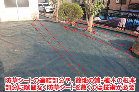 敷地の端や植木の根本部分に防草シートを隙間なく敷くのは技術が必要／相続した実家の広い庭を人工芝とタイル張りで手入れ不要＆手入れが楽なノーメンテナンス(メンテンアスフリー・ローメンテナンス)のアトリエ兼別荘に造園リフォーム・外構工事施工事例～別荘,アトリエ,別荘の庭,人工芝,タイル張り,実家の庭,庭づくり,造園,メンテナンスフリー,ノーメンテナンス,ローメンテナンス,手入れ不要