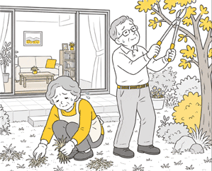 歳を重ねるとともに、しゃがんでの草むしりや植木の剪定、落ち葉掃除は、想像以上に体への負担になっていきます/シニア世代の快適お庭リフォーム~手入れが楽で便利で安心。家族と楽しむ夢の庭づくり~