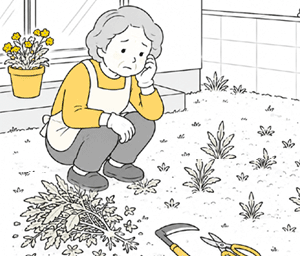 抜く・刈る・薬で枯らすの雑草対策は、一時的な処置に過ぎず、土がむき出しである限り、雑草は何度でも生えてきます/シニア世代の快適お庭リフォーム~手入れが楽で便利で安心。家族と楽しむ夢の庭づくり~