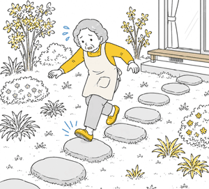 飛び石や庭の段差は、つまずきや転倒の原因になりやすい箇所です/シニア世代の快適お庭リフォーム~手入れが楽で便利で安心。家族と楽しむ夢の庭づくり~